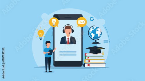 Digital education and online tutoring concept showing male student learning from virtual tutor on large smartphone with school supplies.