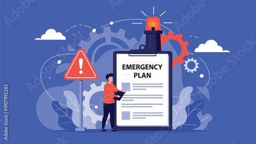 Emergency preparedness and disaster response planning concept with professional man holding clipboard near warning signs and gears in office.