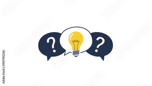 Creative brainstorming and problem solving concept featuring yellow lightbulb in central speech bubble flanked by question marks on white background.