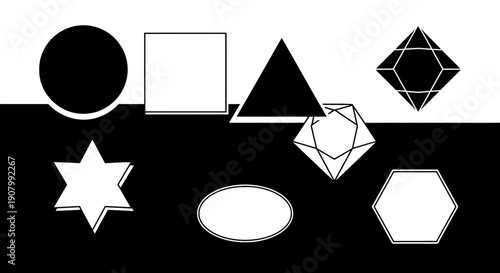 Fotografie Collection of distinct geometric shapes with varying complexity and fill styles