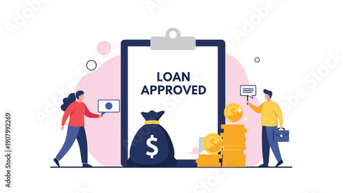 Successful financial loan approval and wealth growth concept with people celebrating near giant clipboard, money bag, and stacks of coins.