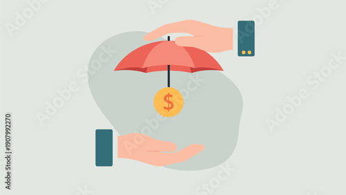 Financial protection and insurance planning concept with hands holding red umbrella to shelter golden dollar coin from potential market risks.