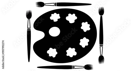 Black and white illustration of art supplies with floral designs on a palette