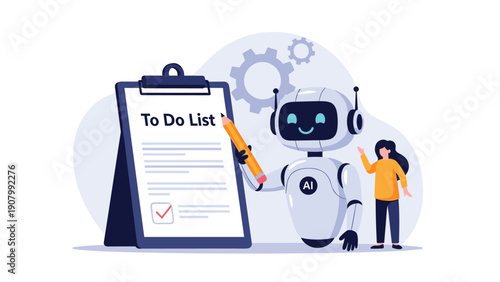 Friendly artificial intelligence robot holding a pencil and writing tasks on a large to-do list while standing next to a young professional woman.