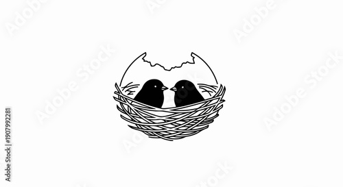 Two birds nestled together in a twig nest, white background