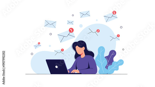 Professional woman sitting at a desk working on her laptop while multiple email icons fly around representing high volume of digital communication.