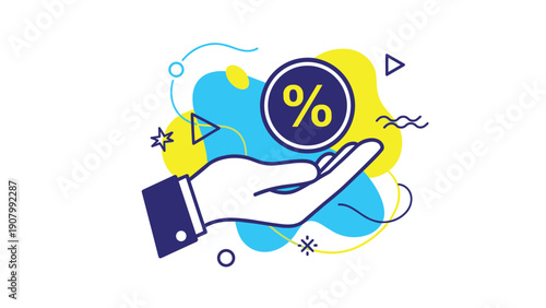 Stylized hand holding a percentage sign icon against a vibrant background of blue and yellow shapes representing discounts and financial promotions.