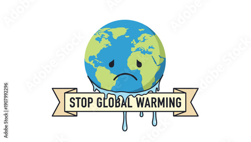 Sad melting planet earth character dripping water above a banner that says stop global warming representing environmental crisis and climate change.