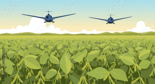 Two airplanes fly over a vast field of green crops under a clear sky