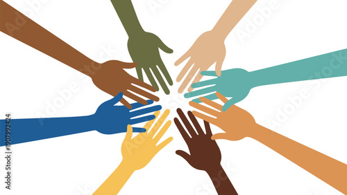 Multiple hands with various skin tones arranged in a circle reaching towards the center representing global unity diversity and team cooperation.