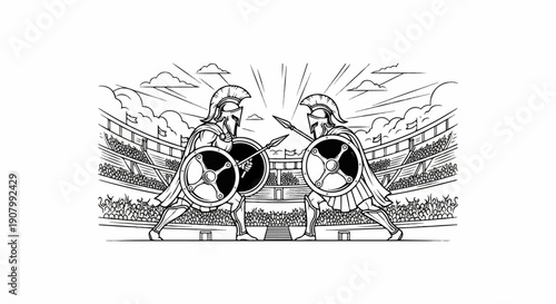 Two ancient warriors with shields and spears face off in a stadium