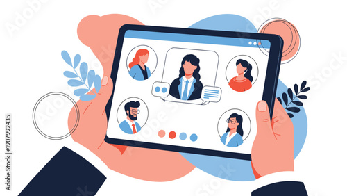 Close up of hands holding a tablet showing a group video call with five professional diverse participants for remote business meeting and webinar.