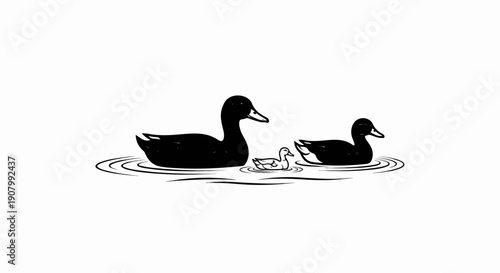 Two adult ducks and a duckling swim in rippling water