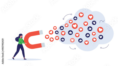 Young woman holding a large horseshoe magnet to attract red hearts and like icons from a cloud for social media marketing and engagement.