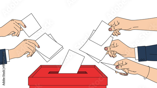 Group of hands putting white voting papers into a red ballot box symbolizing democracy elections and public participation in decision making.
