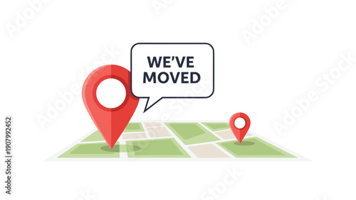 Map with two red location pins connected by a path and a speech bubble with the text we have moved for business relocation announcement.