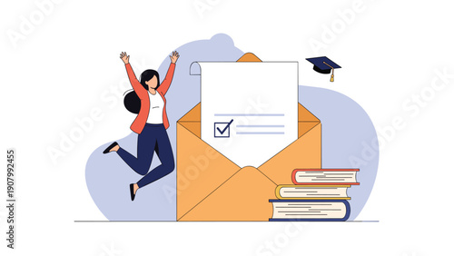 Excited woman jumping in the air next to a large envelope containing an acceptance letter with a check mark and academic graduation cap.