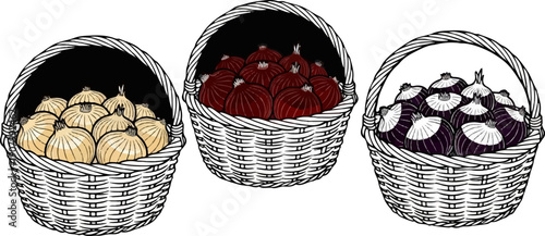 Three baskets overflowing with different varieties of onions