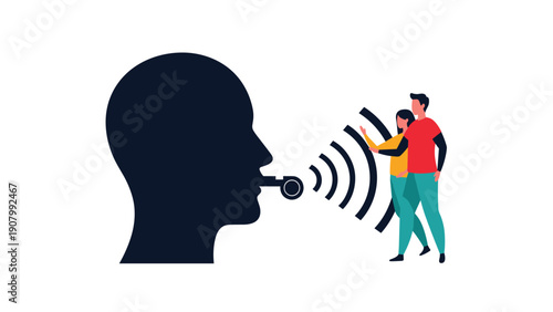 Profile silhouette of a whistleblower blowing a whistle loudly at two surprised people representing a warning signal for truth and ethics.