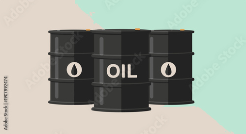 Three black barrels of oil are displayed on a beige and mint green background