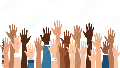 Group of diverse hands with different skin tones raised high in the air representing solidarity voting volunteerism and community support.