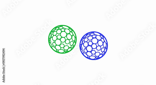 Two abstract spherical objects with circular patterns, one green, one blue