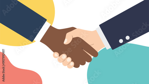 Two professional business hands shaking in agreement over a background of colorful abstract shapes representing a successful deal or partnership.