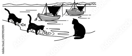 Three black cats by the water with fishing boats in the background