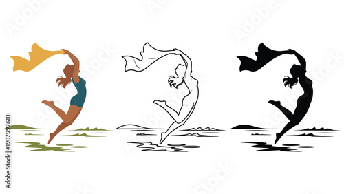 A woman dances with a flowing scarf in three distinct artistic styles.