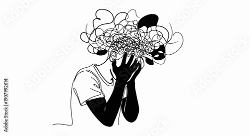 Troubled person with head in hands, tangled thoughts depicted abstractly