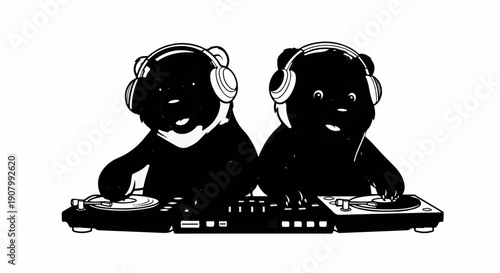 Two black cartoon bears wearing headphones and DJing