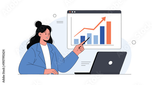 Professional woman presenting business data and growth trends on a screen during a corporate meeting or online seminar.