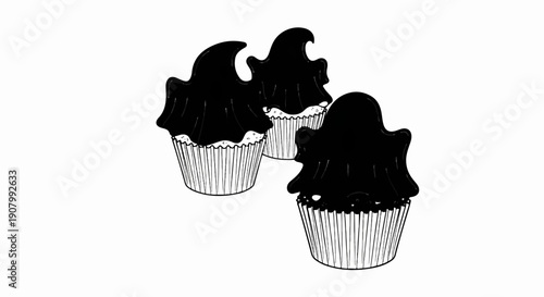 Three cupcakes with black ghost-shaped icing on white paper liners