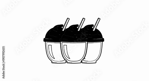Three dark, swirling beverages with straws in white cups on a white background