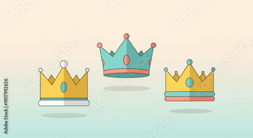 Three decorative crowns, a turquoise one in the center, two golden ones on the sides
