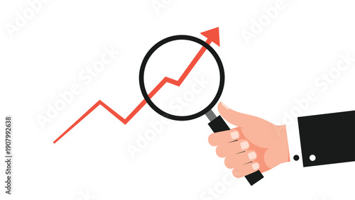 Business professional holding a magnifying glass to closely analyze an upward growth trend line and financial performance.