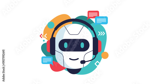 Artificial intelligence chatbot assistant with a headset and colorful chat bubbles for automated customer support service.