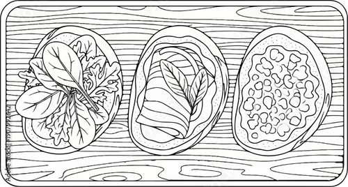 Three delicious food items on a rustic wooden board