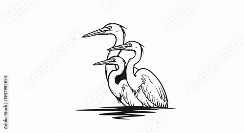 Three elegant wading birds in a line, their long necks elegantly curved