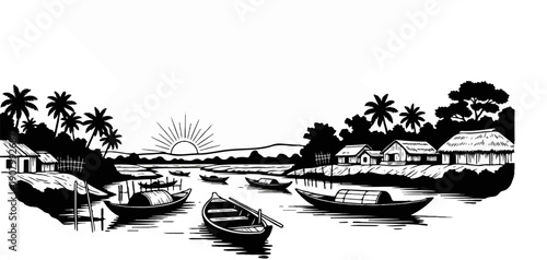 Tropical sunrise over a village with boats on a calm river