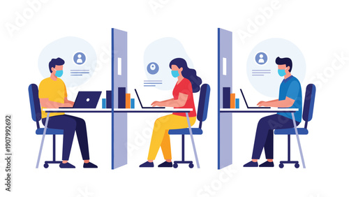 Employees wearing protective face masks and working in an office with transparent social distancing screens for safety.