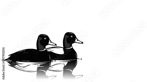 Two black ducks swim serenely on a calm white surface, creating reflections