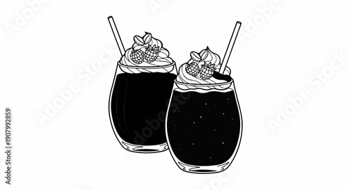 Two glasses of dark beverage with whipped cream and berries