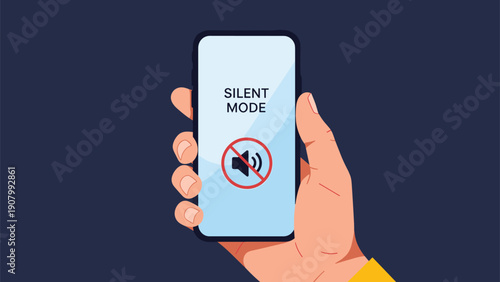 Hand holding a modern smartphone displaying a silent mode icon with a crossed-out speaker on a dark blue background.
