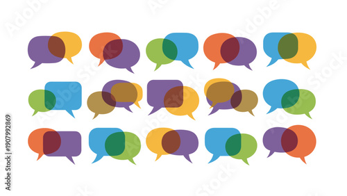 Pattern of multiple overlapping colorful speech bubbles representing conversation, dialogue, and community discussion.