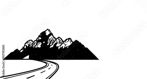 Winding road curves towards majestic, snow-capped mountain peaks under vast sky