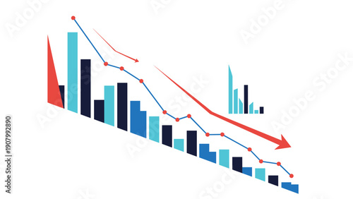 Financial chart featuring a downward trending line graph and bars representing economic decline and market loss.