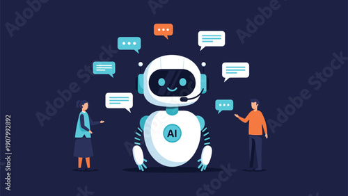 Friendly artificial intelligence robot with multiple chat bubbles interacting and communicating with two people.