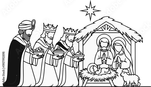 Three kings visit baby Jesus in a stable with Mary, Joseph, and a lamb