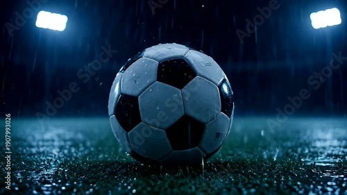 A soccer ball sits on a wet field, illuminated by dramatic lights during a nighttime rainstorm.